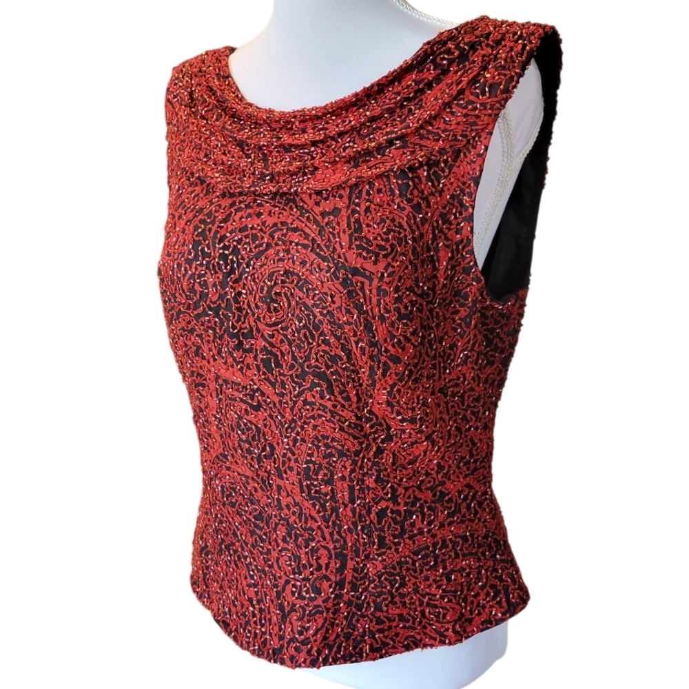 Vintage Y2K Andretta Donatello Red Black Paisley Beaded Silk Sleeveless Blouse - Picture 3 of 13